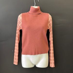 ZARA Dusty Pink Turtleneck Sweater with Sheer Plaid Sleeves
